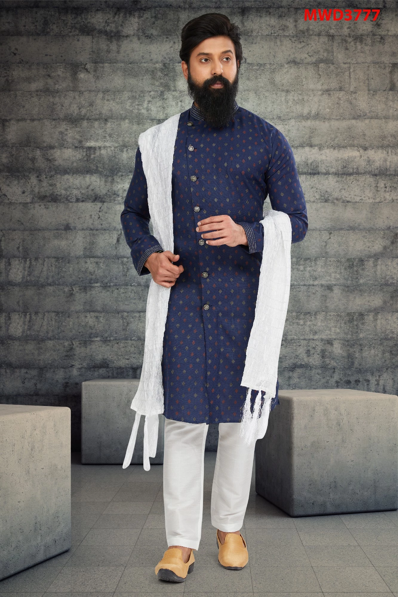 Blue Printed Cotton Silk Indo Western Sherwani, 36-1.webp